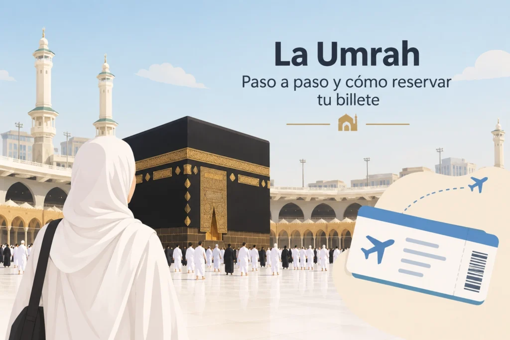 Descripción detallada de la Umrah con la explicación de cómo reservar un billete